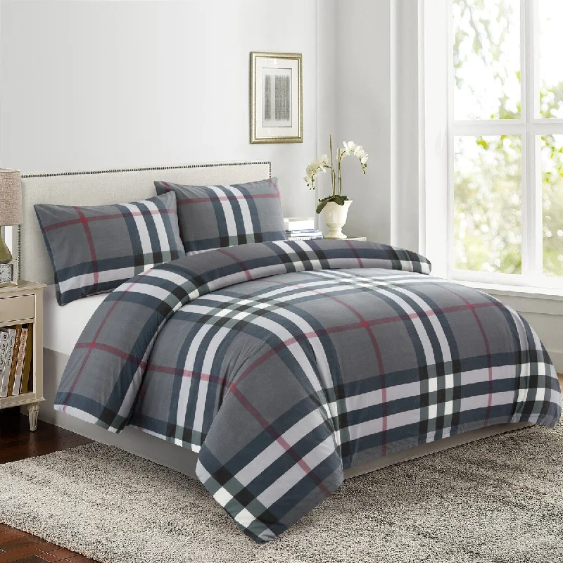 Printed Rayon from Bamboo Duvet Cover Fitted Sheet Ensemble Bedding Set with Zipper and Corner Tie, Modern Grey Tartan