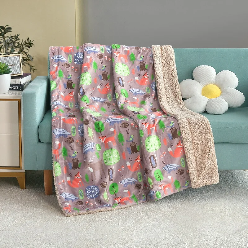 Printed Soft Flannel Fleece Throw Sherpa Kids Blanket, 40 x 50 Inch Fox Forest With Taupe Base