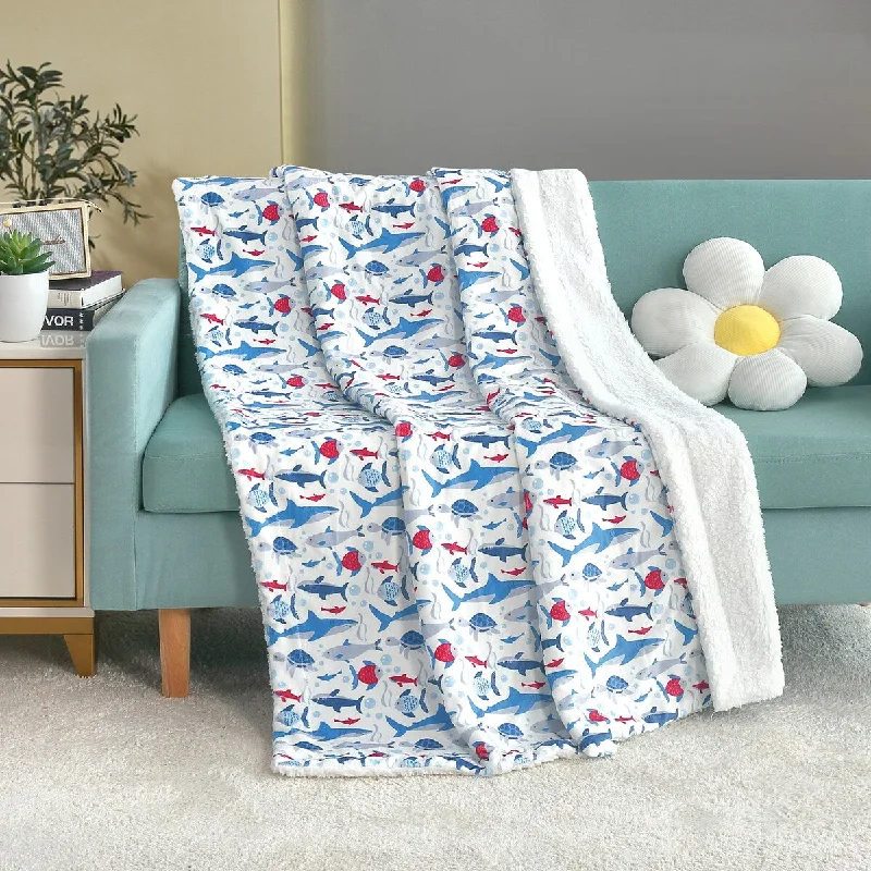 Printed Soft Flannel Fleece Throw Sherpa Kids Blanket, 40 x 50 Inch Shark Turtle with White Base