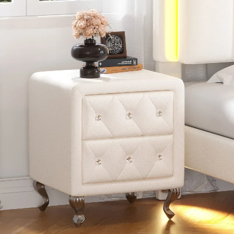 PU Elegant Nightstand Storage Bedside Table with Metal Legs and 2 Drawers