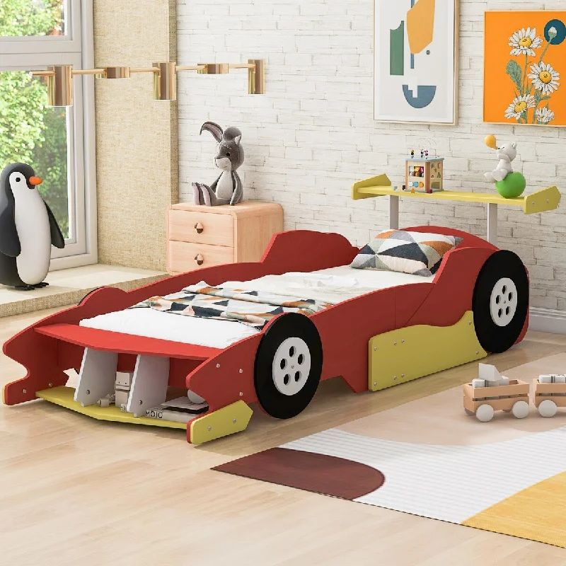 Red Twin Size Solid Wood Car-Shaped Platform Bed with Wheels and Storage Rack