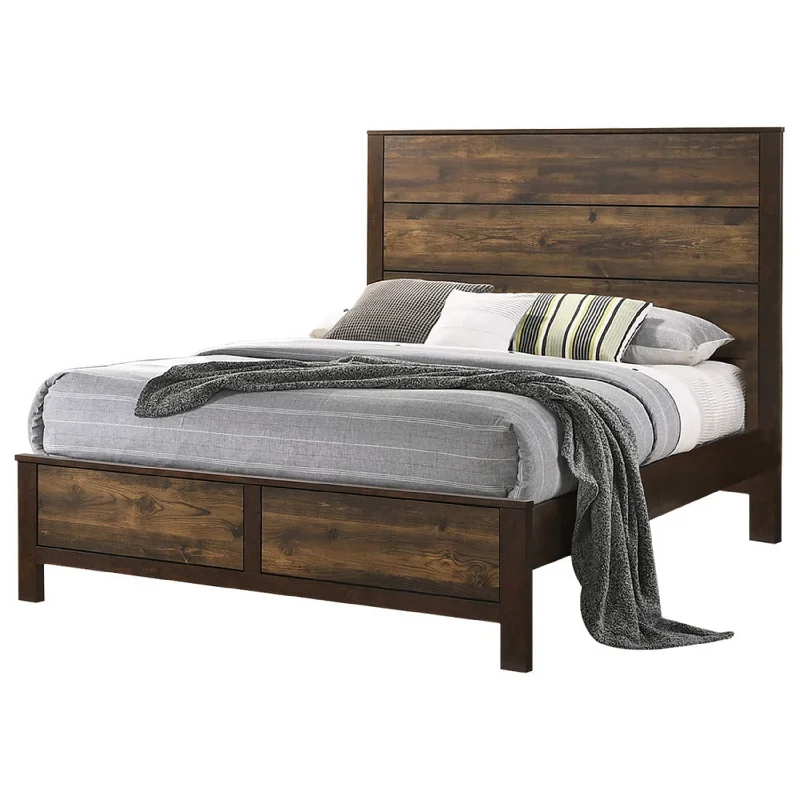 Roki Platform California King Bed with Panel Design, Rustic Brown Finish