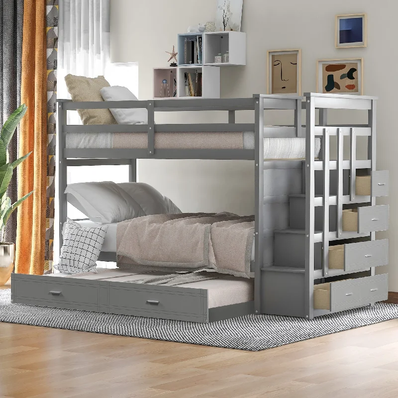 Solid Hardwood Twin Over Twin Bunk Bed with Trundle and Storage Staircase