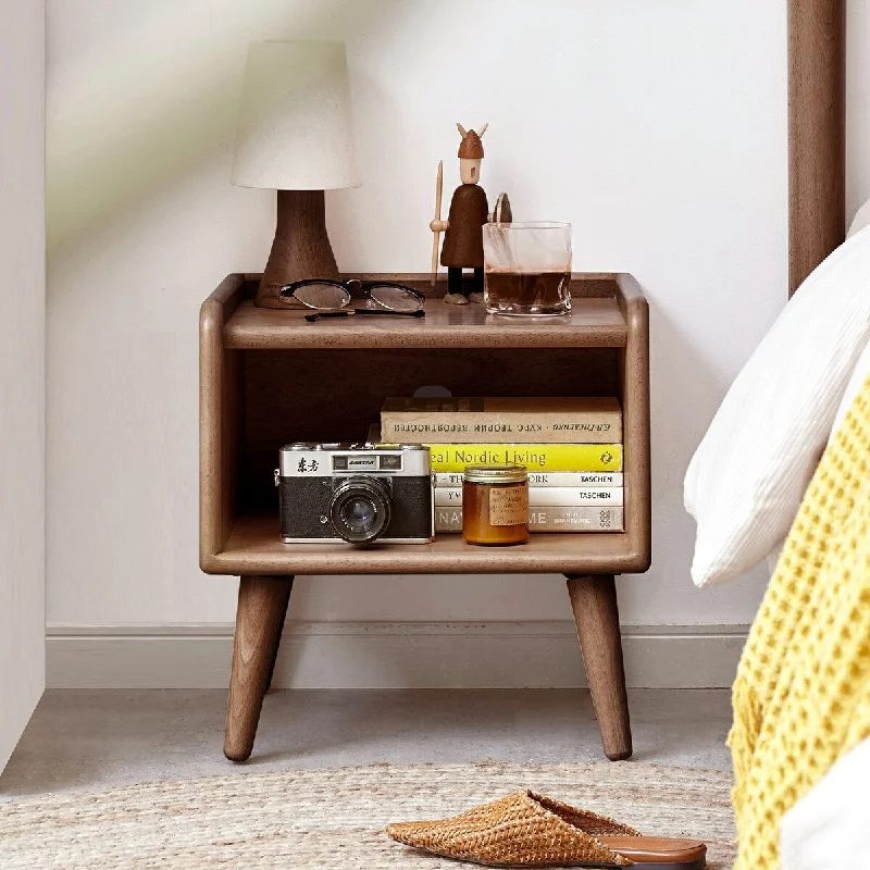 Solid Wood Bedside Table with Open Shelves, Mid-Century Modern Bedroom Living Room Storage Cabinet with Solid Wood Legs