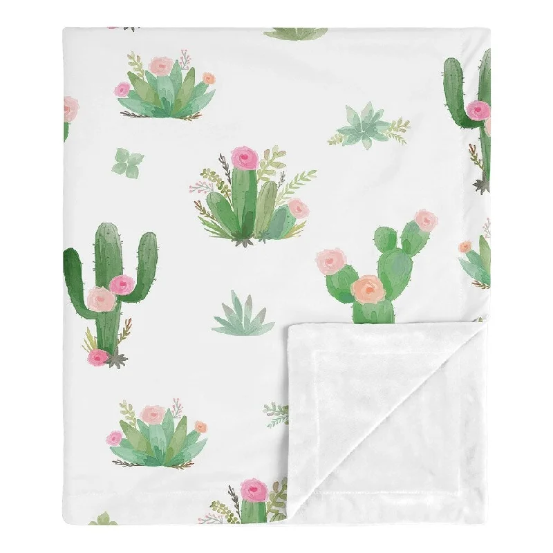 Sweet Jojo Designs Boho Watercolor Cactus Floral Collection Girl Baby Receiving Security Swaddle Blanket - Pink and Green