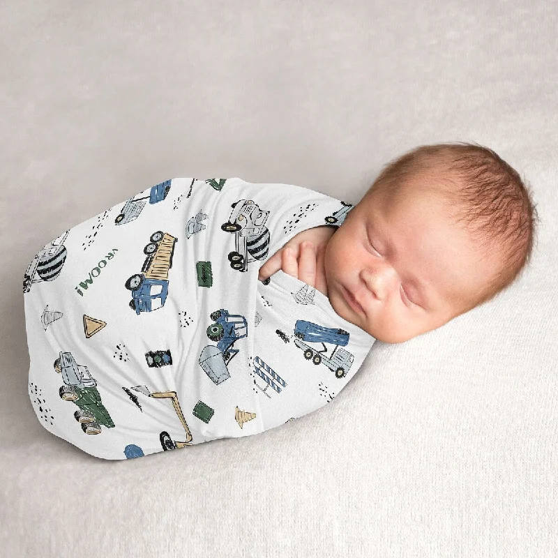 Sweet Jojo Designs Construction Truck Boy Baby Swaddle Receiving Blanket Grey Blue Green Transportation Vehicle Yellow and Black