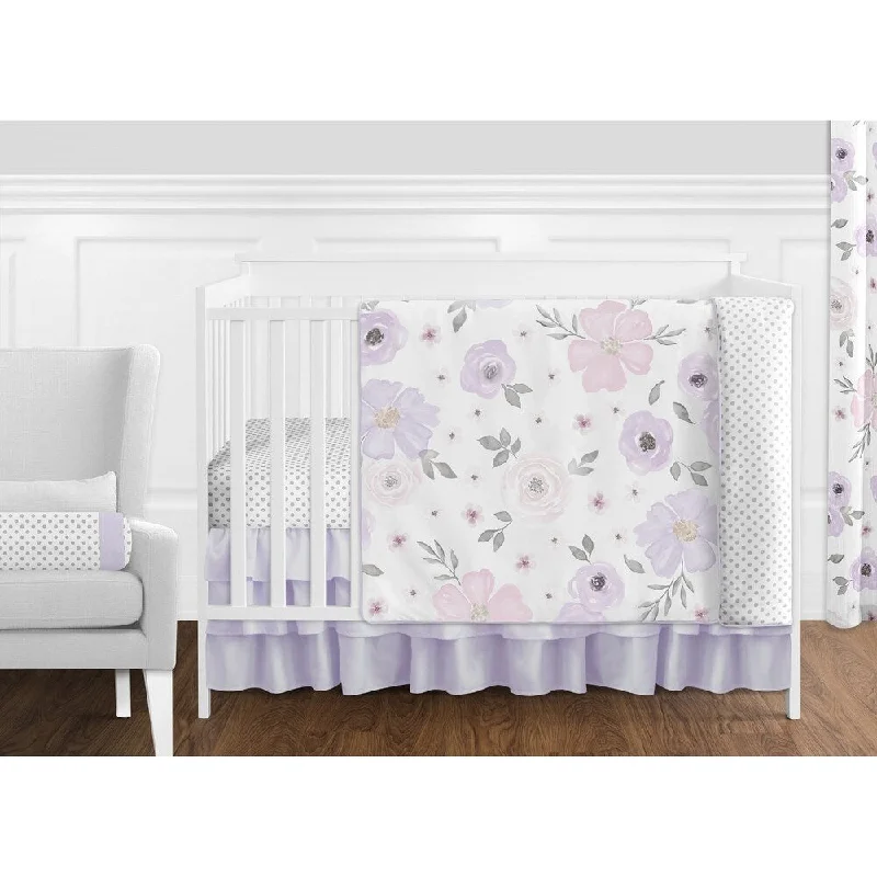 Sweet Jojo Designs Lavender Purple Pink Grey White Shabby Chic Watercolor Floral Collection 11-Piece Nursery Crib Bedding Set