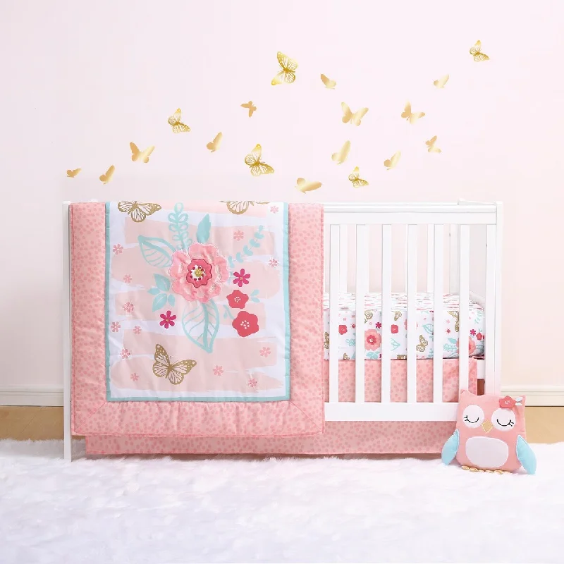 The Peanutshell Aflutter Pink/Aqua/Gold 3 Piece Baby Crib Bedding Set