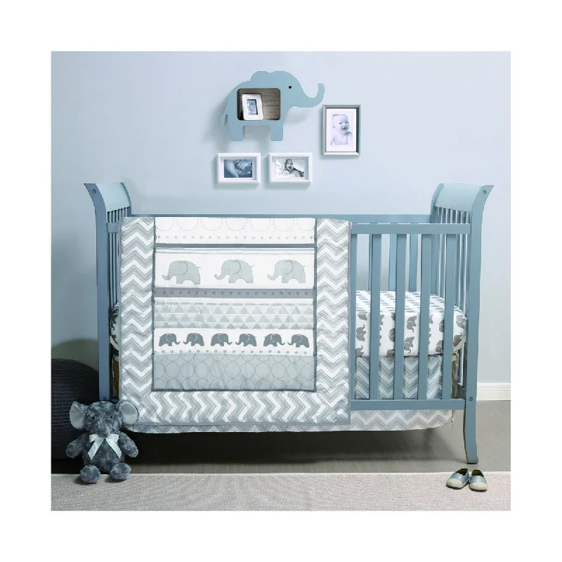 The Peanutshell Elephant Walk Grey/White 3 Piece Baby Crib Bedding Set