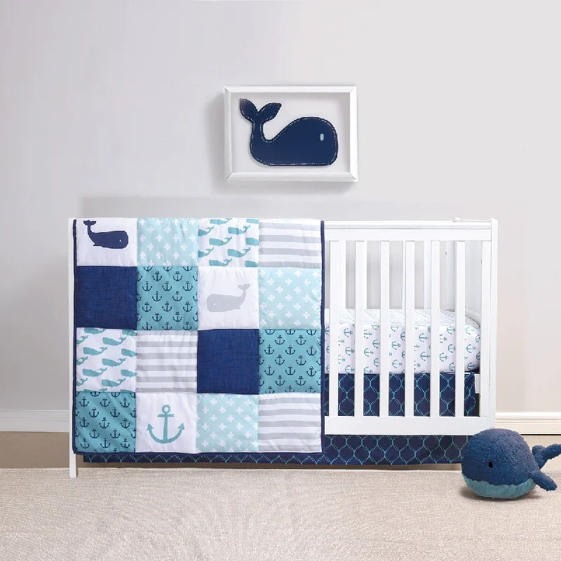 The Peanutshell Nautical Whale Navy/Aqua 3 Piece Baby Crib Bedding Set