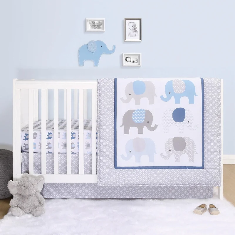 The Peanutshell Sleepy Elephant Grey/Blue 3 Piece Baby Crib Bedding Set