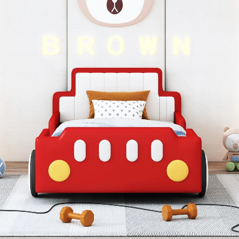 Twin Size Race Car-Shaped Kids Bed Platform Bed with Wheels,Red