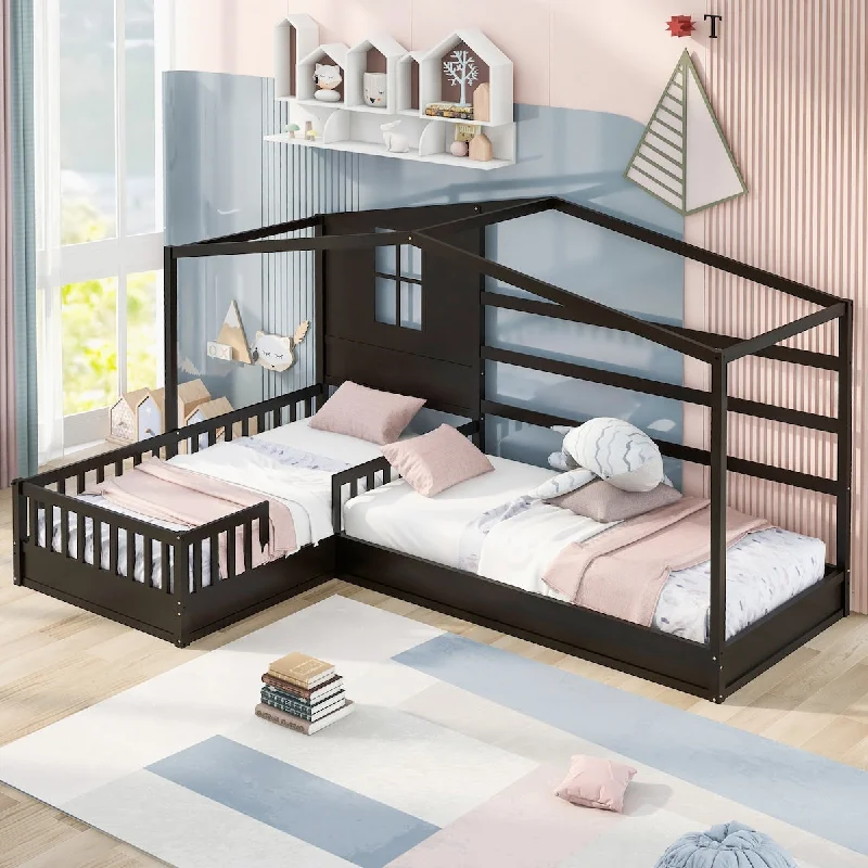 Twin Wood House Bed with Fence & Frame