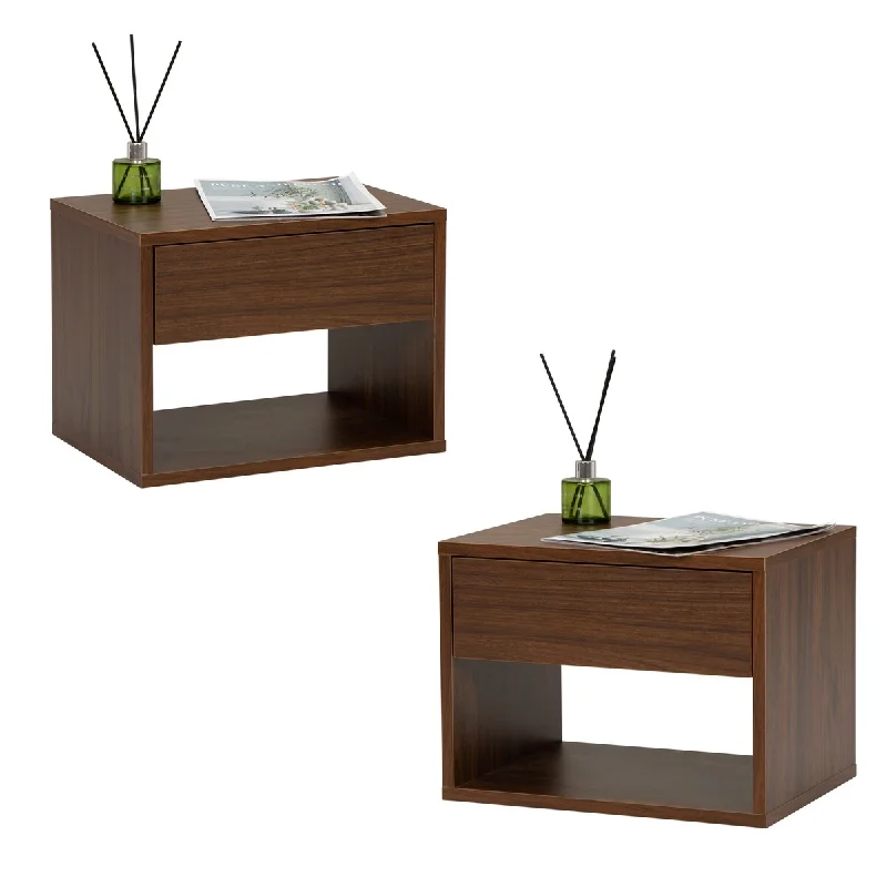 Two-Piece Walnut Bedroom Nightstand with Drawers and Open Shelves, Minimalist Storage Cabinet Coffee Table Side Table