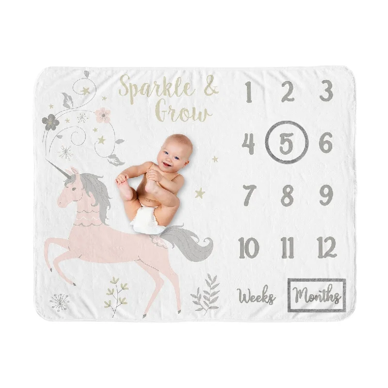 Unicorn Collection Girl Baby Monthly Milestone Blanket - Blush Pink Grey and Gold Flowers and Stars Sparkle and Grow