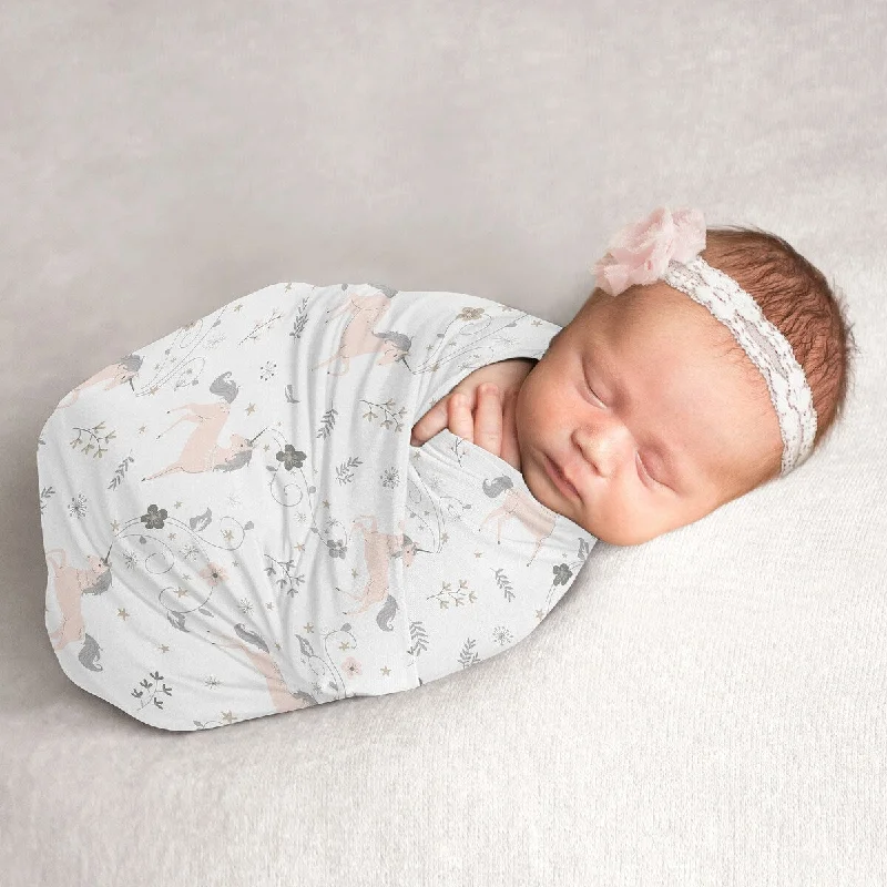 Unicorn Collection Girl Baby Swaddle Receiving Blanket - Blush Pink, Grey and Gold Flowers and Stars