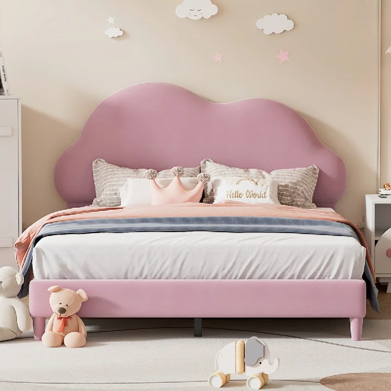 Velvet Cloud-Shape Full Platform Bed, MDF Construction