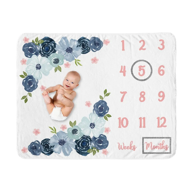 Watercolor Floral Collection Girl Baby Monthly Milestone Blanket - Navy Blue and Blush Pink Boho Shabby Chic Rose Flower