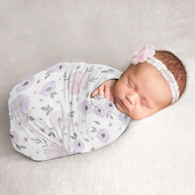 Watercolor Floral Collection Girl Baby Swaddle Receiving Blanket - Lavender Purple, Pink and Grey Boho Shabby Chic Rose Flower