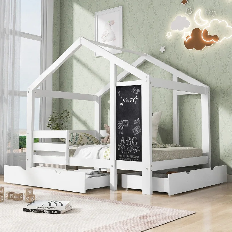 White Full Size House Bed with board, Drawers, and Safety Rails - Multiple Storage Options