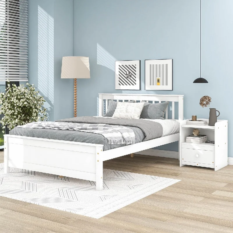 White Full Size Platform Bed with Slatted Headboard, Footboard, and Attached Nightstand, Provides Elegant Solution