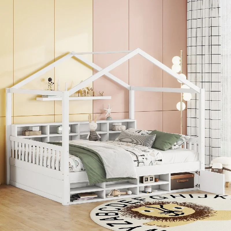 White Full Size Wooden House Bed with Shelves, Mini-Cabinet - /, Charming Design