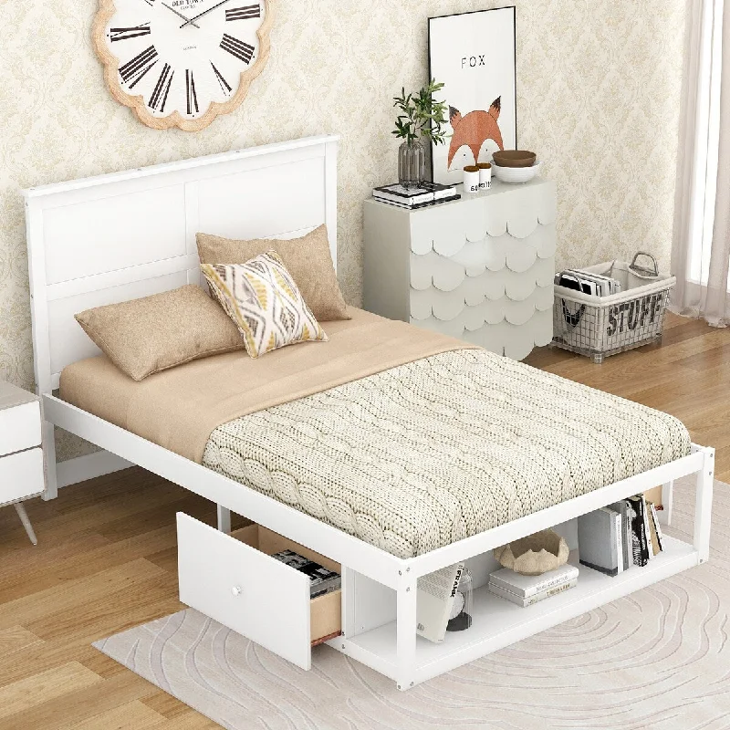 White Full SizeModern Platform Bed with Drawers on Each Side and Shelf at the End, Available in /