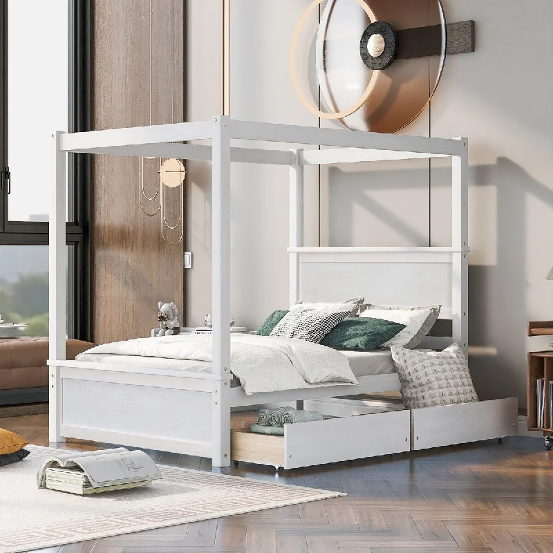 White Full SizeModern Wood Canopy Bed with Dual Drawers