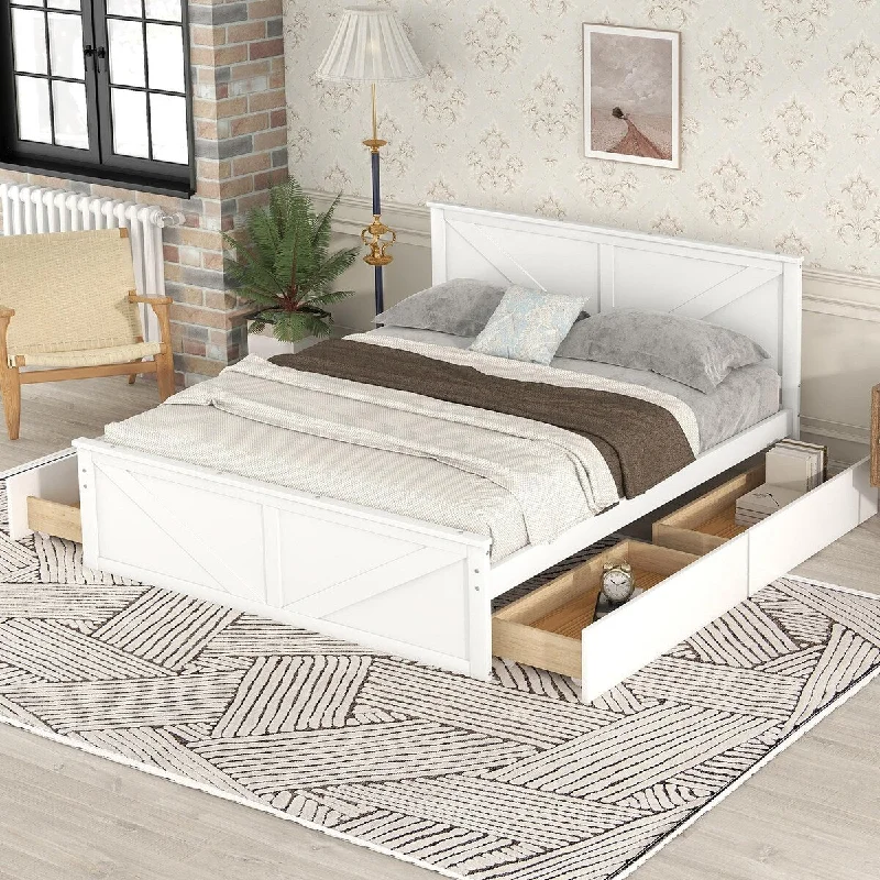 White Queen Size Wooden Platform Bed with Convenient Storage Options