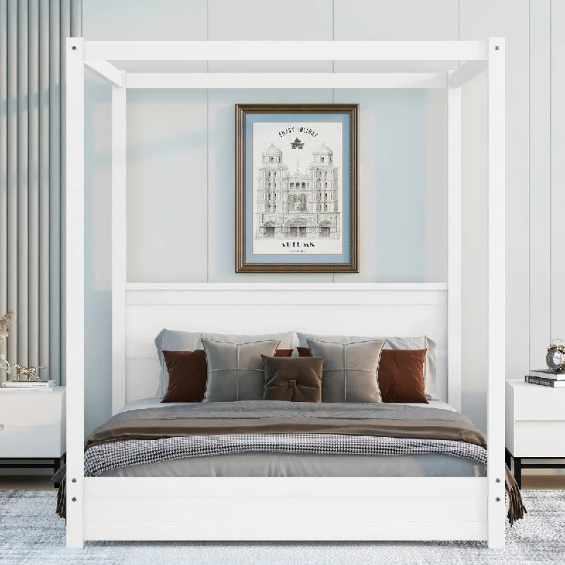 White Queen SizeModern Canopy / Platform Bed with Headboard, Support Legs