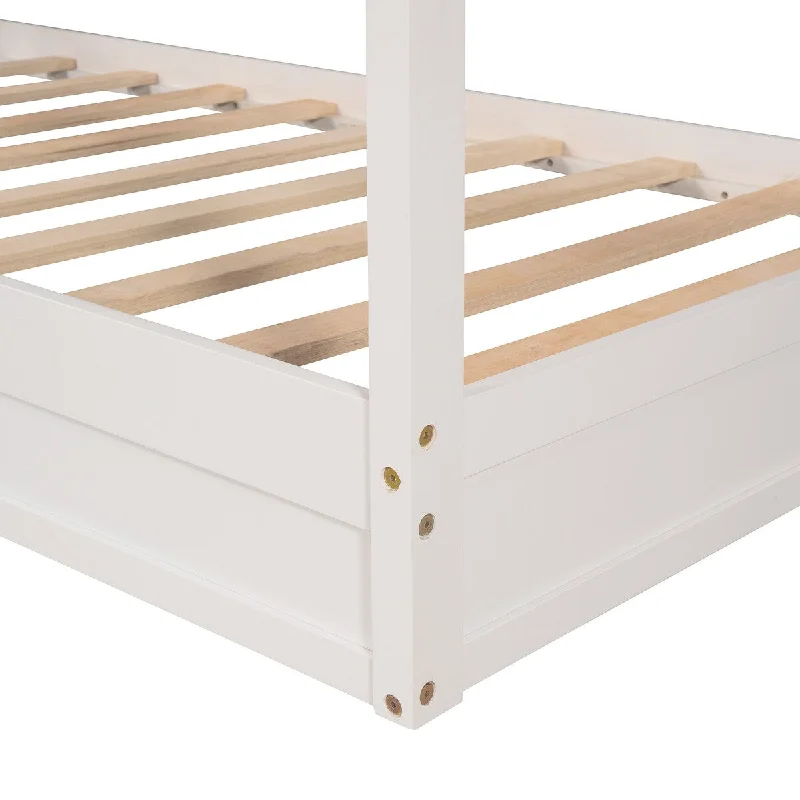 White Twin Size Wood House Bed with Fence and Slatted Frame Design