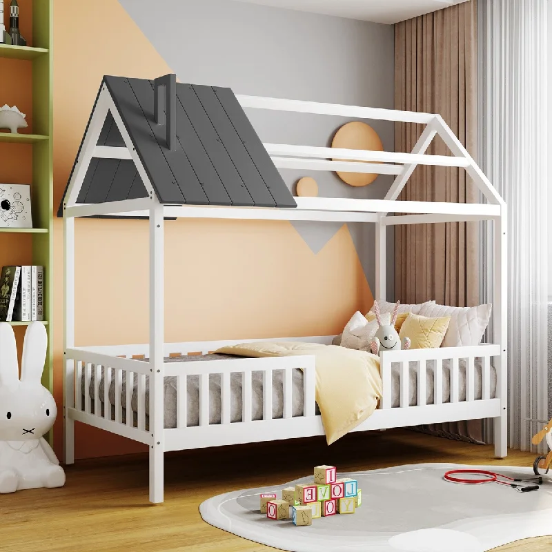 White Twin Size Wood House Bed with Secure Guardrails for Safety