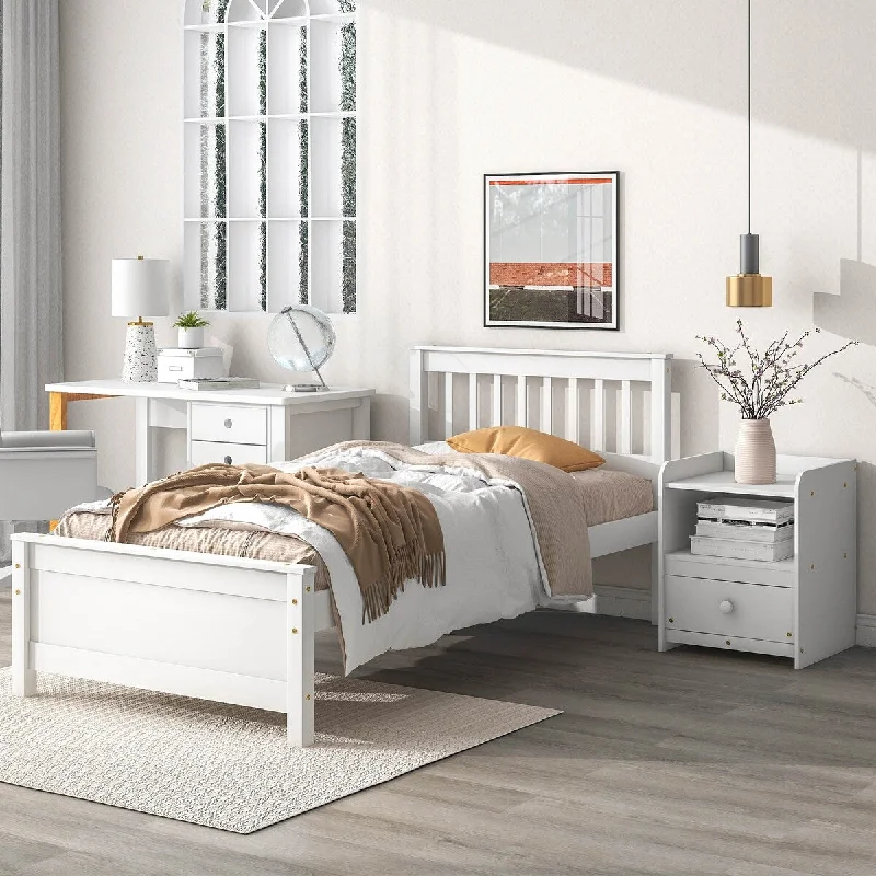 White Twin SizeModern Bed with Nightstand, Ideal for Kids, Teens, and Adults, Sturdy Construction, No Box Spring Needed