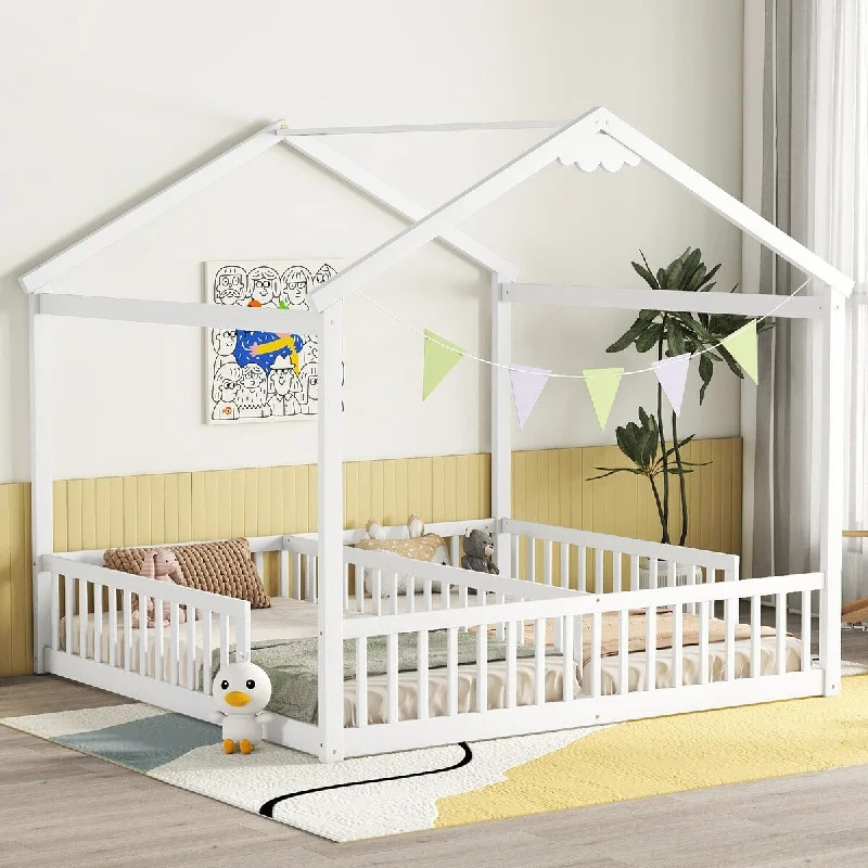 White Twin SizeWood Double Floor Bed, House Bed with Fence, Guardrails and Without Door