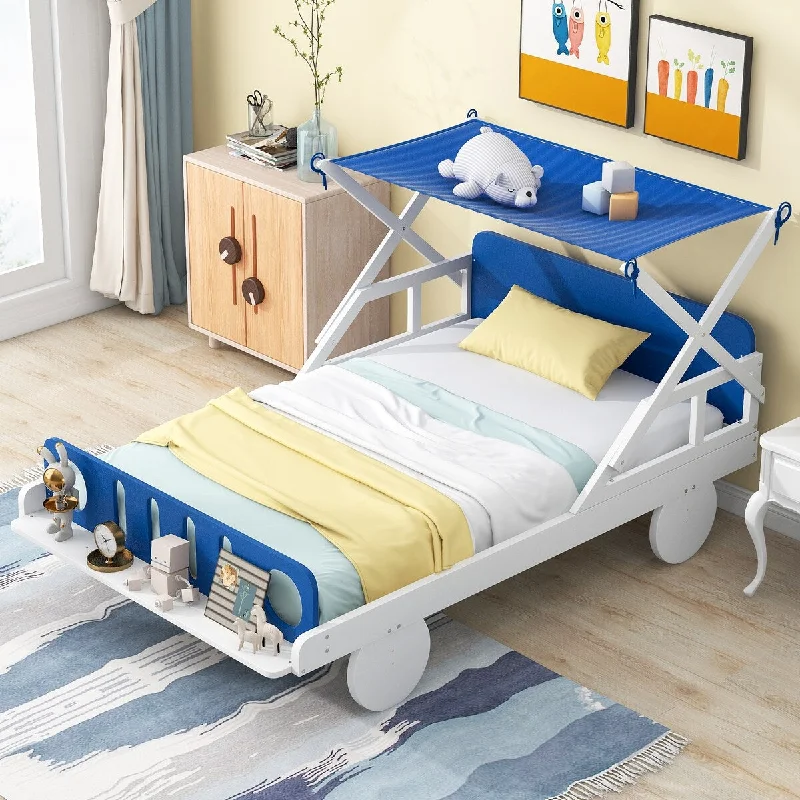 White Twin SizeWooden Car Bed with Ceiling Canopy, Storage Shelf, and Guardrails