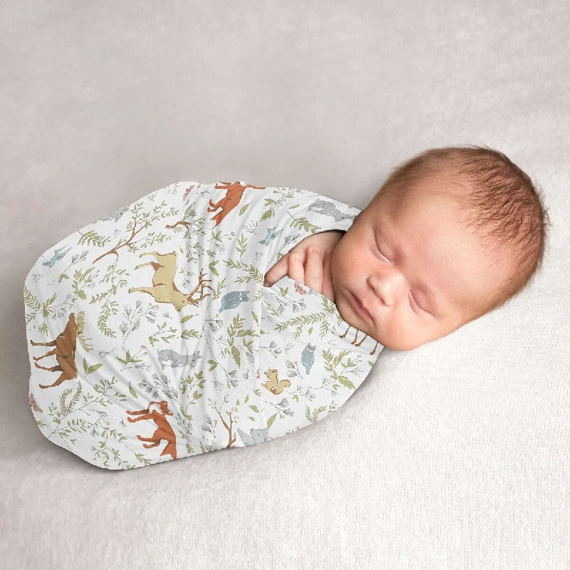 Woodland Animal Toile Collection Boy or Girl Baby Swaddle Receiving Blanket - Grey, Green and Brown Forest Bear Deer Fox