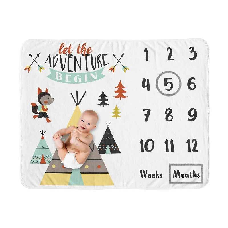 Woodland Animals Boy or Girl Baby Monthly Milestone Blanket - Aqua and Yellow Bear Fox Outdoor Adventure Gender Neutral