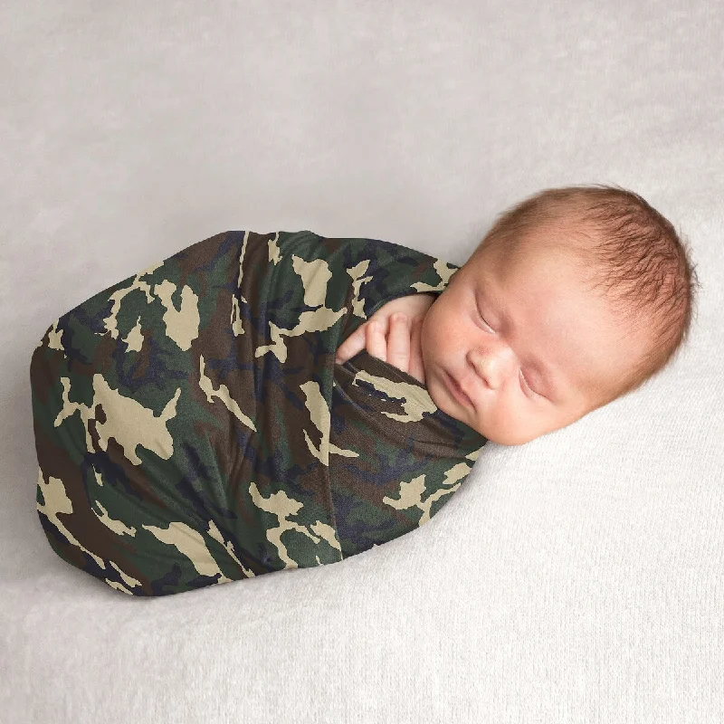 Woodland Camo Collection Boy Baby Swaddle Receiving Blanket - Beige, Green and Black Rustic Forest Camouflage