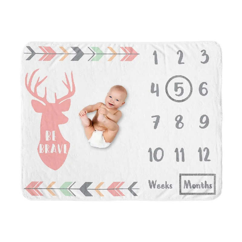 Woodland Deer Collection Girl Baby Monthly Milestone Blanket - Coral Pink Mint Green and Grey Woodsy Arrow Forest Animal Brave