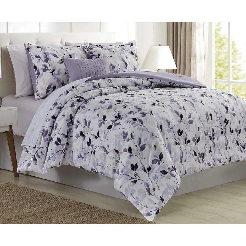 5 Pc Mikayla Leaves Printed Comforter Set Lilac King