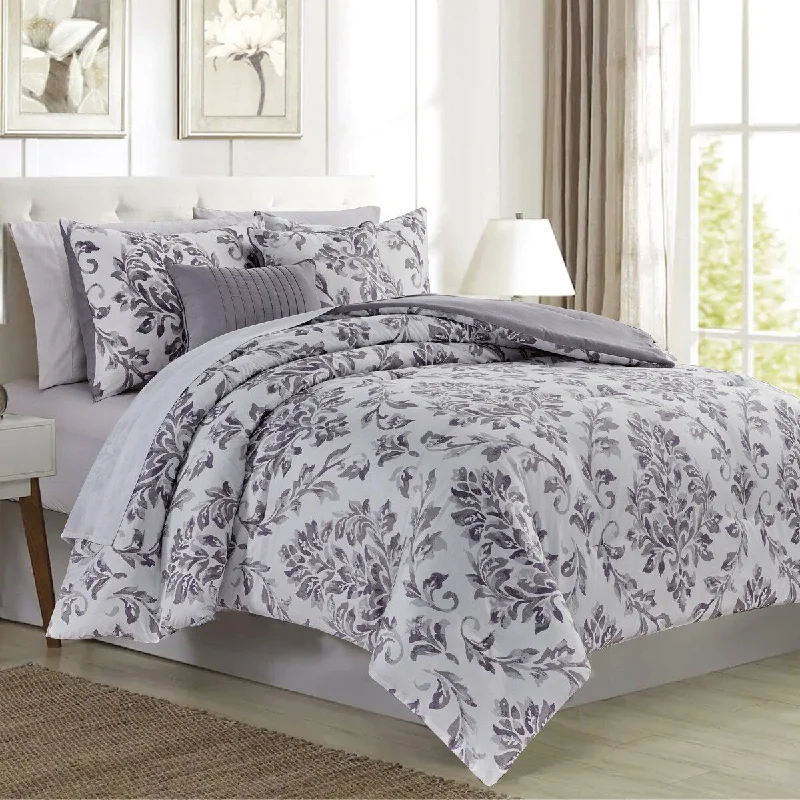 5 Pc Skylar Damask Printed Comforter Set Gray Queen