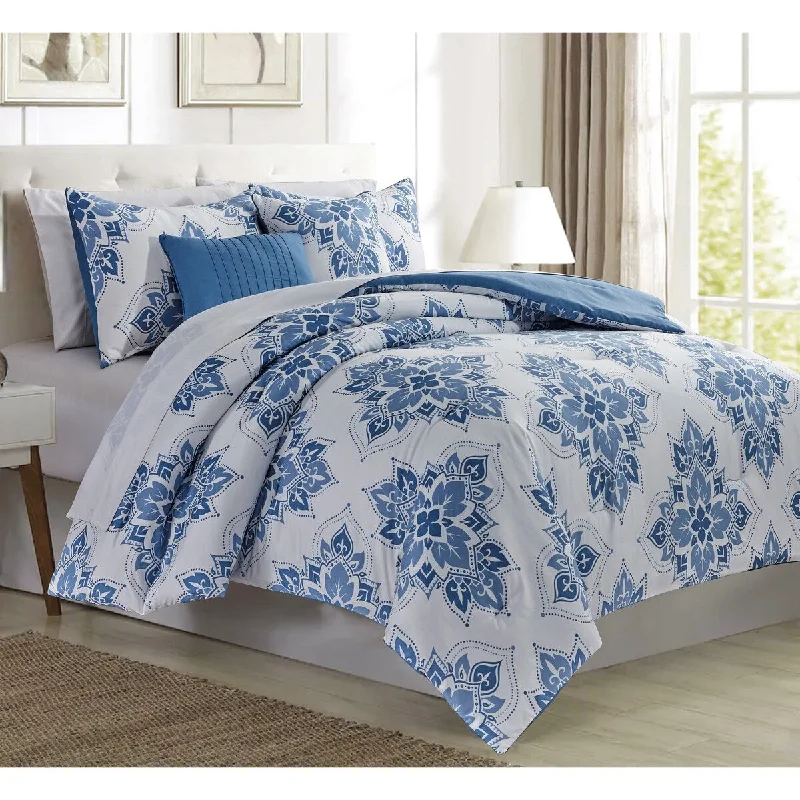 5 Pc Stevie Printed Comforter Set Blue Queen