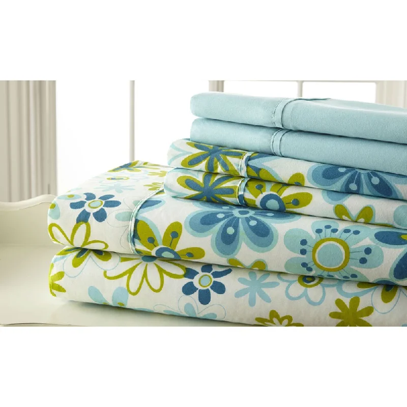 6-piece Luxurious 100GSM Printed Floral Sheet Set, Blue/ Green