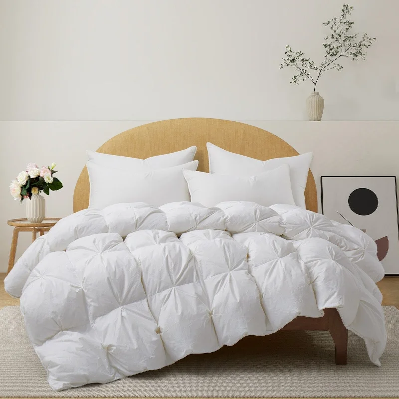 All Season White Goose Feather Down Gusseted Pintuck Pleat Comforter 100% Cotton Cover