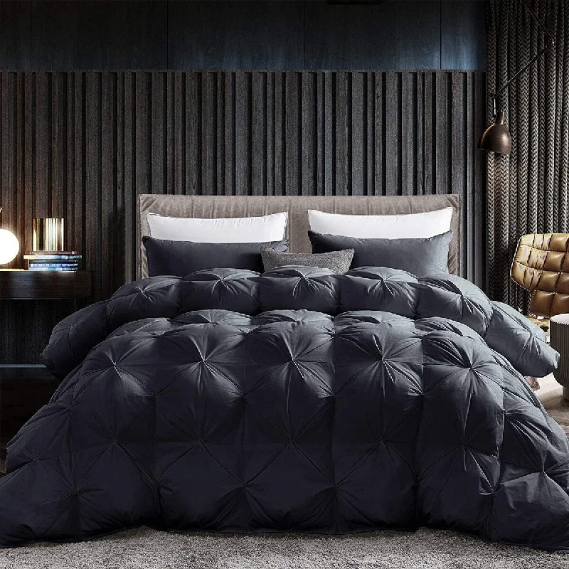 Luxurious Goose Down Feather Fiber Comforter, Exquisite Pinch Pleat Design, Black 108 x 98 , 75 oz Fill Weight,Oversize Cal King