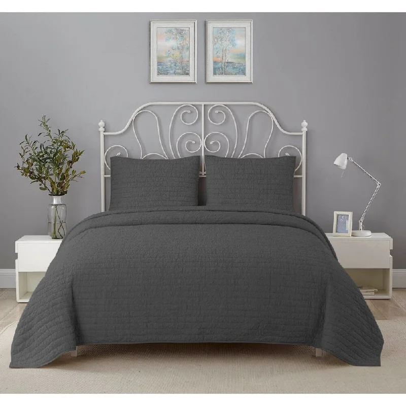 Wonder Home Lawrence 3PC Crinkle Solid Quilt Set, Queen, Grey