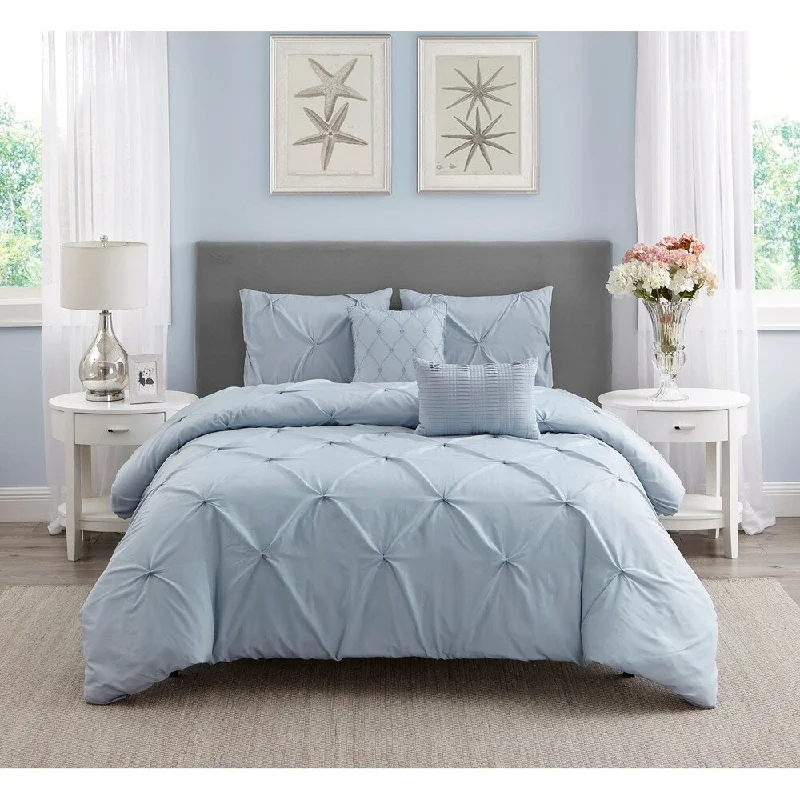 Wonder Home Mona 5 PC Pleated Comforter Set, King, Light Blue