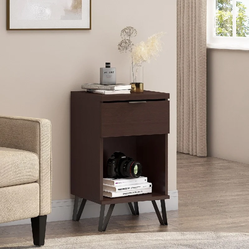 27." Walnut Tall Nightstand with 1-Drawer and Open Storage Shelf