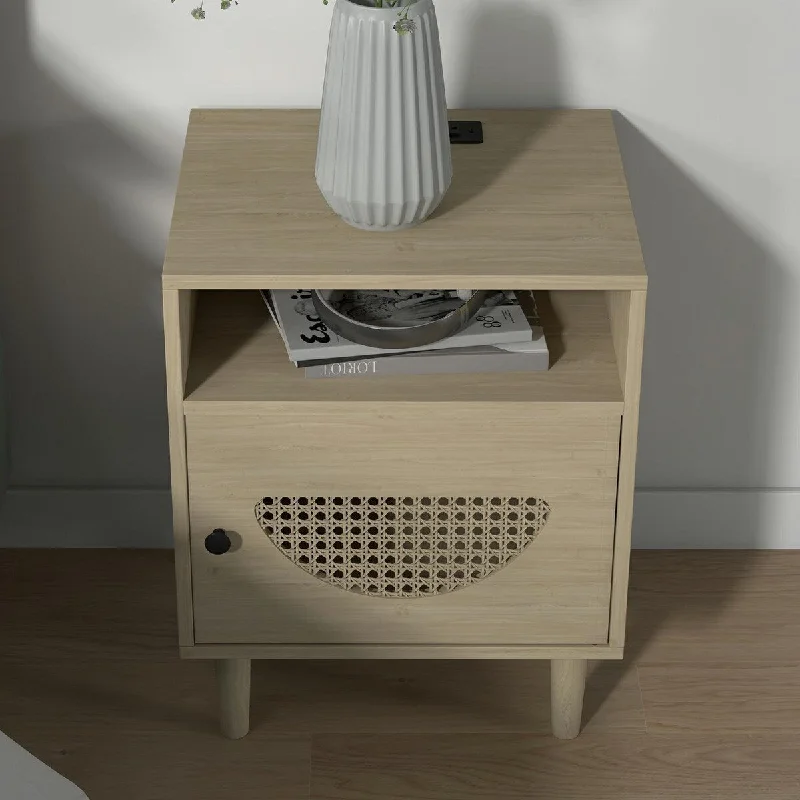 2pcs Rattan Nightstand, End Side Table with Charging Station