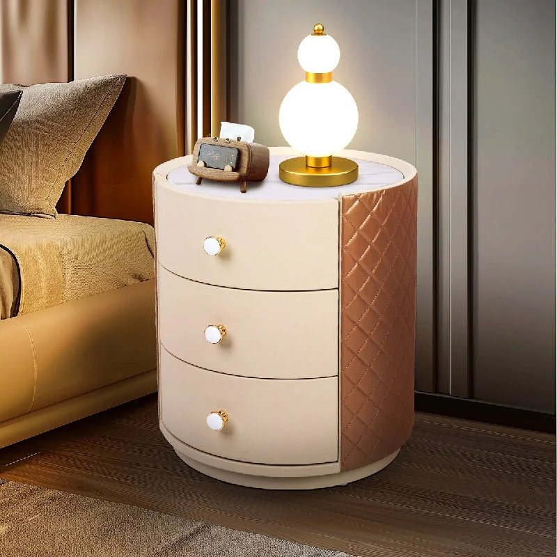 3-drawer Faux Leather Sintered Stone Round Nightstand